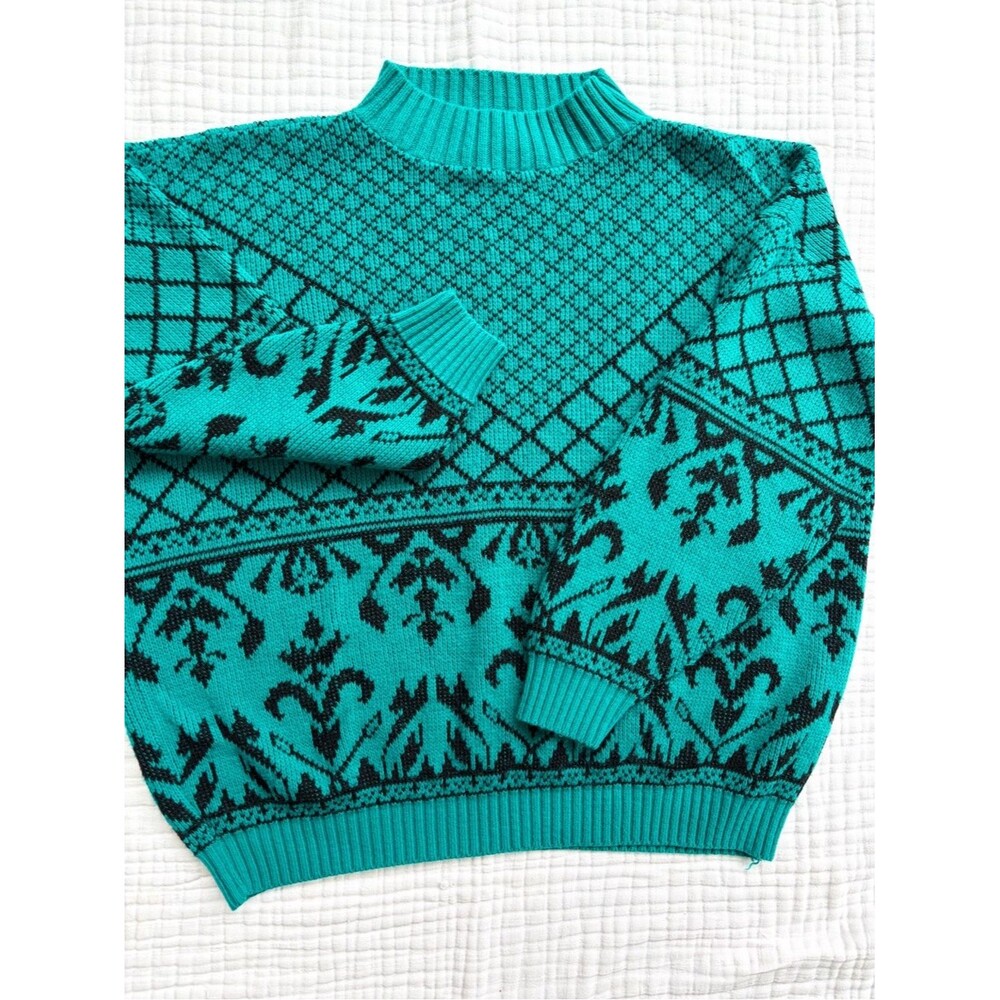 Vintage Lauren Knitwear USA Teal Black Geometric Mock Neck Sweater Women’s XXL